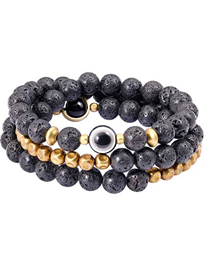 Lightock Lava Rock Evil Eye Bracelet for Women Men Necklace 8mm Beads Essential Oil Diffuser Anxiety Healing Yoga Meditation Stretch