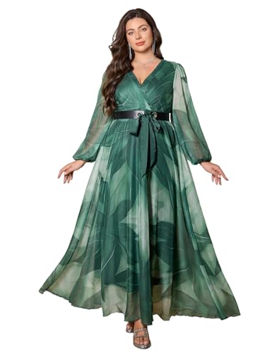 Image of Spring Summer 2024 Plus Size Womens Dresses V Neck Casual Elegant Long Sleeve Floral Print Maxi Dress