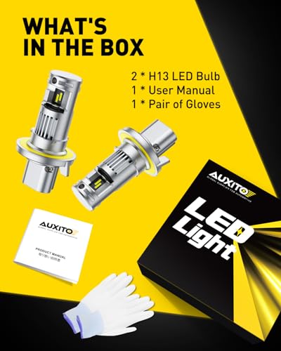 Image of AUXITO H13 Bulb, 6500K Ultra White 10X Increased Brightness, Precision 1:1 Mini Design, Simple Plug Play Installation, Stable Illumination, 99% Vehicles Supported, Pack of 2
