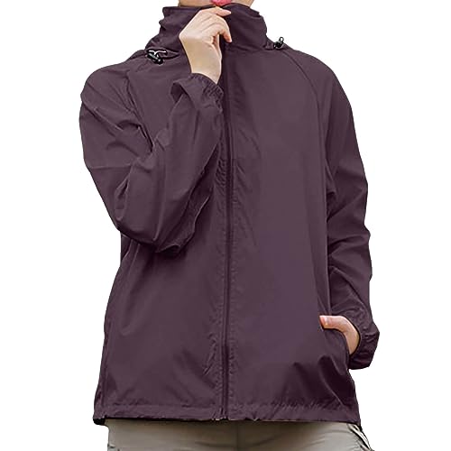EQWIGKEIT Chubasquero para mujer, impermeable, plegable, fina, chaqueta de ciclismo transpirable, tallas grandes, chaqueta de senderismo con capucha, chaqueta deportiva ligera, chaqueta softshell para