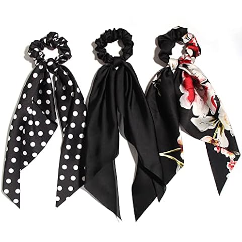 Hair Scarf Scrunchies Floral Hair Bobbles Bow Ribbon Solid Color Elastic Hair Ties Ponytail Holders Hair Accessories Pack of 3 pcs (Black) Cover