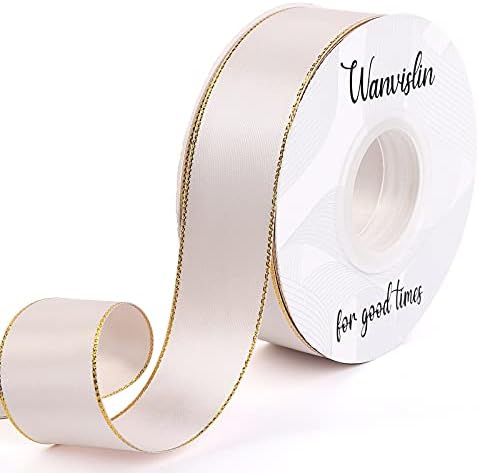 WANVISLIN Double Face Satin Ribbon with Gold Edge 1 1/4 inch X 25 Yards Bright Light Nude Ribbon for Gift Wrapping Decoration, Craft, Bow Making Box Packing and Flower Bouquet Edge Banding