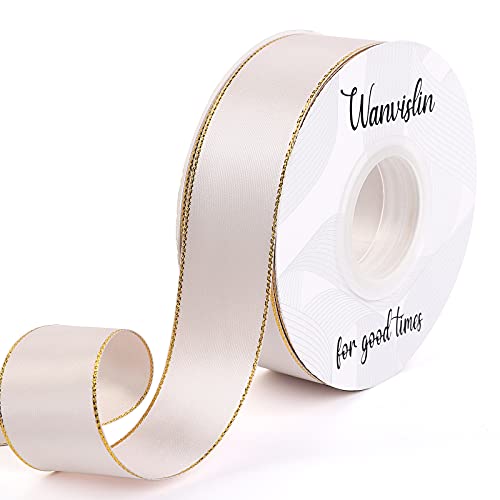 Wanvislin Double Face Satin Ribbon With Gold Edge 1 1/4 Inch X 25 Yards Bright Light Nude Ribbon For Gift Wrapping Decoration, Craft, Bow Making Box Packing And Flower Bouquet Edge Banding #TOP21