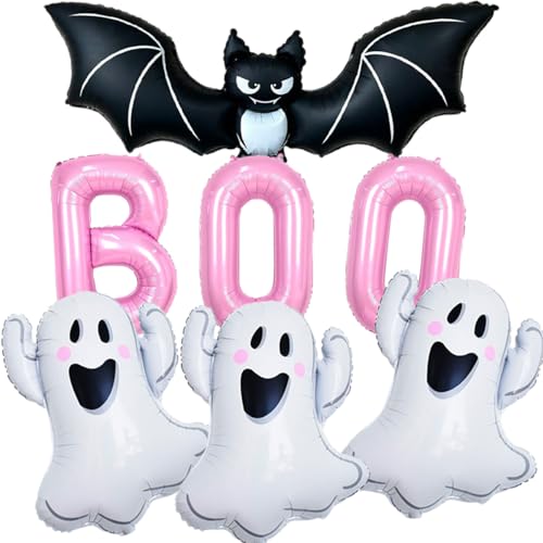White Ghosts Balloons Pink BOO Letters Balloon Spooky Balloon Bat Balloons Halloween Foil Balloon for Halloween Party Decorations