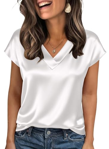 Eytino Women Plus Size Tops Cap Short Sleeve V Neck Satin Silk Shirts Casual Business Dressy Blouses Summer Clothes,2X White