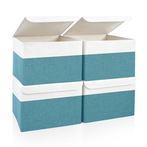 Bagnizer Large 22 Quart Linen Fabric Foldable Storage Bin Cube Organizer Basket with Flip-Top Lid & Handles, Clothes Blanket Box for Home, Office, Closet, Teal & White, 4 Pack 14.6 x 9.5 x 9.5