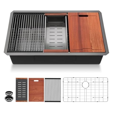 Lordear 33 Inch Black Undermount Kitchen Sink 33x19 Undermount Workstation Sink 16 Gauge T304 Stainless Steel Deep Single Bowl Kitchen Sink Under Counter with Cutting Board Gunmetal Black Cover