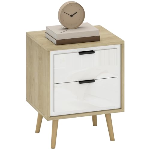 HOMCOM Table de Chevet étroite avec 2 tiroirs Silencieux, Table d'appoint Pieds en Bois Massif pour Salon, Chambre à Coucher, 40x35x50 cm, chêne et Blanc...