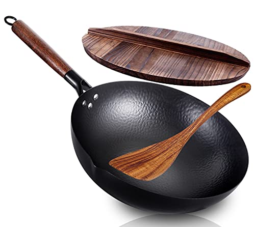Wok Pan with Lid & Spatula, 12.5" Carbon Steel Wok Flat Bottom, No Chemical Coated Chinese Wok for Electric, Induction & Gas Stoves, Nonstick Iron Wok and Stir Fry Pan with Detachable Wooden Handle