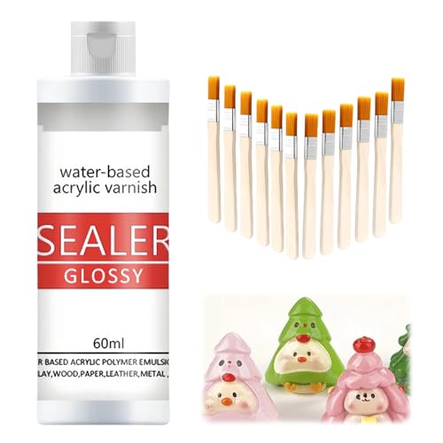 Air Dry Clay Varnish, 60ml Clay Glaze with 6 Brush for Air Drying Clay, Natural Finish Clay Sealer ,Clear Varnishfor Craft, Ceramic, Pottery, High-Gloss Glaze Effect, Easy to Use