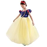 Schneewittchen-Kleid: Satin-Kleid mit Puffärmeln mit Glitzer-Detail, sehr flauschiger Saum, tanzt wie eine Fee, sechs überlappende Mullröcke, gelbes Baumwollfutter.