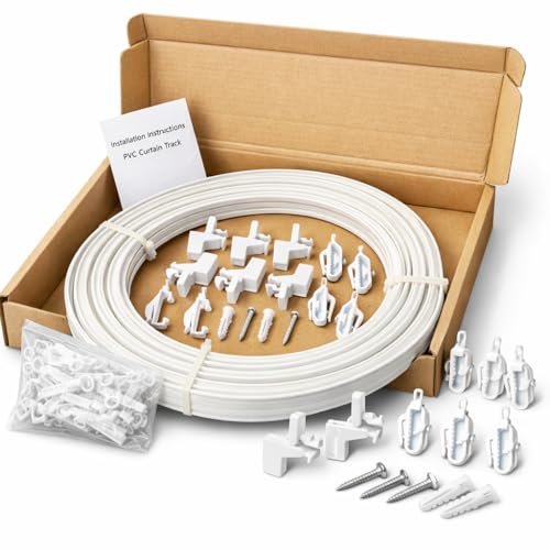 HOMMAKR 10 FT (3M) White Plastic Curtain Track Glider Rail For Straight And Bay Windows (10 Brackets, 4 Ends, 35 Gliders, 10 Screws)