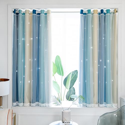 Image of Yancorp Curtains for Girls Bedroom Kids Curtain Hollow-Out Star Window Nursery Curtain 63 inches Length Room Darkening Grommet 2 Layers (Blue Beige, W34 X L42)