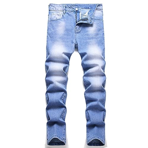 LZLER Men Jeans Cut up Blue Design Straight-Leg Pantalones de Hombre rotos Destroyed Biker Regular Size 38