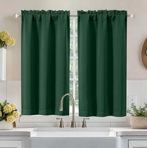 Image of Aiyufeng Ever Green Short Blackout Curtains for Bedroom 45 Inches Long 2 Panels Set, Solid Thermal Insulated, Energy Saving Window Treatment Curtains Blackout Drapes, W40 x L45 Inch, Ever Green