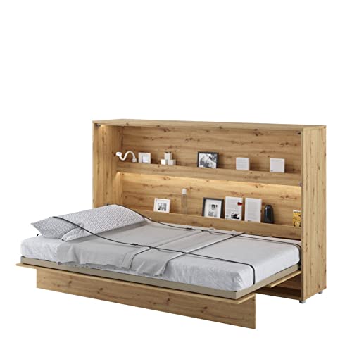 Arthauss Horizontal Wall Bed with Multifunctional Storage, 120 cm Oak Artisan - Space Saving Hidden Cabinet Bed, Convenient Hideaway Bed with Functional Shelves, Duvet Straps Included