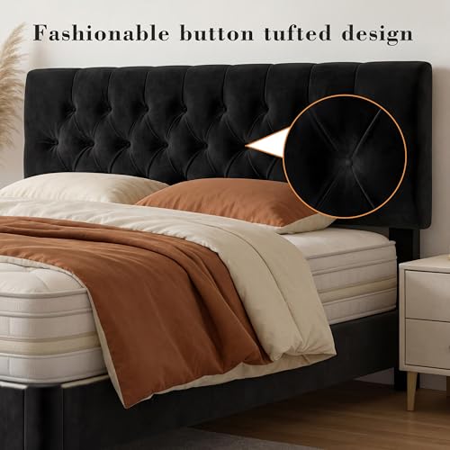 Queen Size Bed Frame with Headboard, Luxury Velvet Fabric Upholstered Bed frame with Button Tufted Design, Strong Wooden Slats Support - Low & Sturdy, Noise-Free, No Box Spring, Easy Assembly, Black by Vipbear - Used condition - Image 4