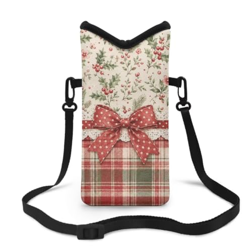 Image of Christmas Crossbody Cell Phone Purse Winter Holiday Small Satchel Pouch for Women Men, for Cellphone, Keys, Lipstick, Cashes, Passport, Bow Christmas Plaid Holly