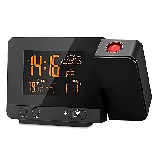 Projection Alarm Clock on Ceiling Wall with Indoor/Outdoor Thermometer Hygrometer, Weather Station, Dual Alarm, Colorful Backlight, and USB Charging for Bedroom
