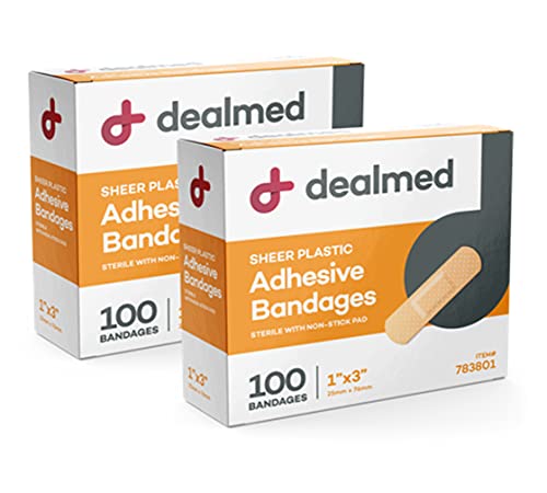 Dealmed Sheer Plastic Flexible Adhesive Bandages – 100 Count (2 Pack) Bandages with Non-Stick Pad, Latex Free, Wound Care for First Aid Kit, 1