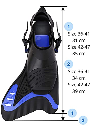Foto von Khroom® Flossen Erwachsene mit gelenkschonendem Design | Gr.36-47 | Schnorchelflossen kurz mit Tasche zum umhängen | verstellbare Schwimmflossen | Kurzflossen zum Schwimmen Flossen kurz (42-47)