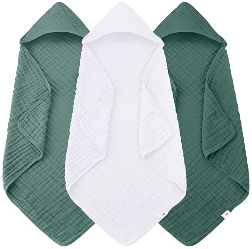 Image of Sunny zzzZZ Muslin Hooded Baby Bath Towels - 3 Pack 100% Cotton Soft Low-Saturation Pastel Towels Including Classic White for Newborns, Infants, Toddlers - 32x32 Inch - Deep Emerald and White