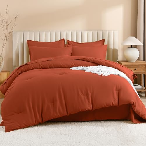 Image of Litanika Burnt Orange Comforter King Size Set - 7 Pieces Terracotta Bed in a Bag King Bedding Comforter Sets, Plain Lightweight Bed Set with Comforter, Sheets, Pillowcases & Shams