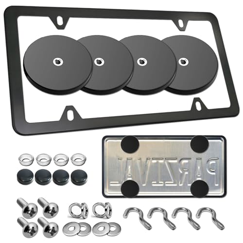 RCKJNJ Magnetic License Plate Holder for Metal Car Bumper 4 Pack Strong Neodymium Magnet Mount with Rubber Coating with Black Aluminum Frame Screws for No Drill Dealer Temporary Plate