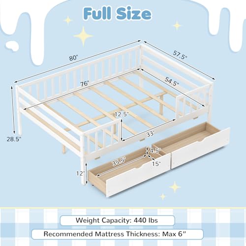 Image of KOMFOTT Full Bed Frame with Rails, Wood Daybed with Side Shelf & 2 Storage Drawers, Platform Bed with Guardrail & Wooden Slat Support for Kids Teens, No Box Spring Needed (Full,White)