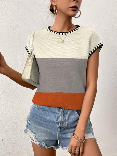 Image of Cap Sleeve Sweater Tops for Women 2026 Knit Summer Sleeveless Tank Vest | Slim Fit, Trendy Color Block, Soft, Skin-Friendly, Strechy, Lightweight, Breathable, Casual Daily Wear