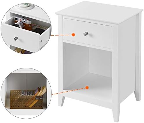 Yaheetech Bedside Table Set of 2, White Side Table with Drawer Wooden Bedside Cabinet Storage Unit for Bedroom Living Room, 45x35x61cm