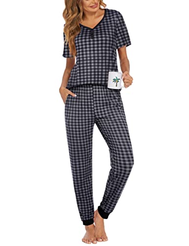 Image of Ekouaer Pajamas for Women Set 2 Piece Fall Lounge Sets Short Sleeve Pjs Joggers Long Pants Sleepwear with Pockets