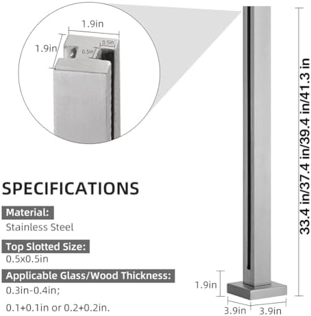 304 Stainless Steel Glass Balustrade Post System - Indoor & Outdoor Railing for Deck, Balcony, Attic, Staircase, Corner Post - 39.4 inch (100cm) Durable & Stylish Safety Solution