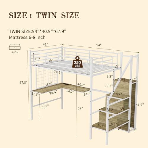 Image of Twin Size Metal Loft Bed with Reversible Stairs & L-Shaped Desk,White | Storage Stairs,Wardrobe,L-Shaped Desk,USB Charging Station,Space-Saving for boys & Girls, Noise-Free, No Box Spring Needed