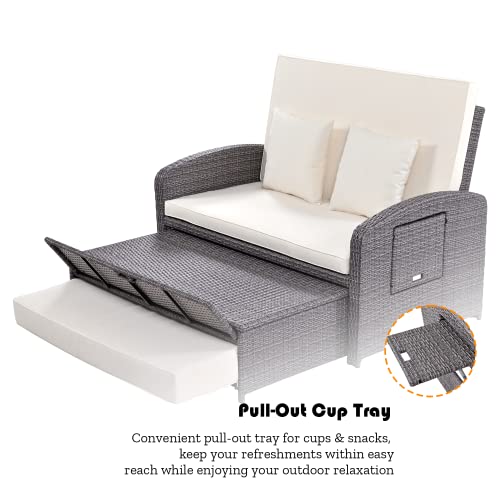 Aocoroe Outdoor Furniture Set For 2 Patio Daybed With Protect,Pe Wicker Outdoor Loveseat With Footrest, Recliner Double Chaise Lounge With Cushions Pillows And Cup Tray 5 Level Adjustment #TOP3