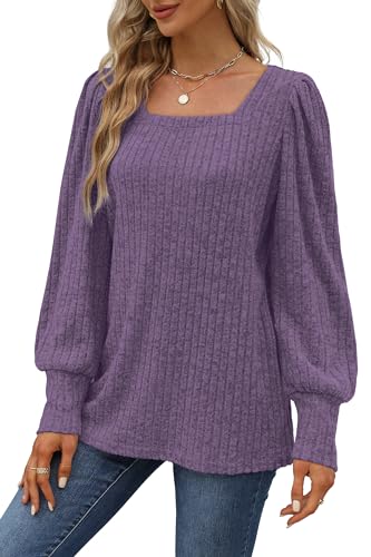 Image of WIHOLL Long Sleeve Shirts for Women Trendy Casual Square Neck Tops Lightweight Sweaters