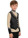 Oyolan Jungen Glitzer Oberteil Eiskunstlauf Langarm mit Stehkragen T-Shirt Eislaufshirt Latein Tunika Tanzshirts Strass Tops Training Wettbewerb Tanzkostüm Schwarz 158-164