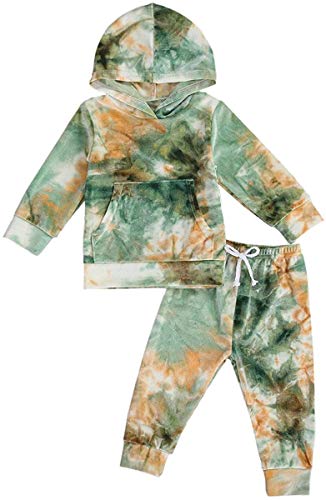 Toddler Kids Baby Boy Girl Tie Dye Outfit Long Sleeve Hooded Sweatshirt Top Drawstring Sweatpants 2Pcs Tracksuit (Green,1-2T)