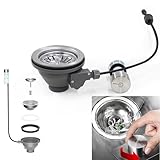 QruiLanTu New 3-1/2 '' Kitchen Sink Drain Kit with Control Button Sink Drain Basket 304 Stainless Steel SinkStrainer Stopper Keeping Hands Dry and Clean Sink Drain Assembly
