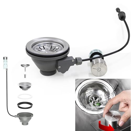 QruiLanTu New 3-1/2 '' Kitchen Sink Drain Kit with Control Button Sink Drain Basket 304 Stainless Steel SinkStrainer Stopper Keeping Hands Dry and Clean Sink Drain Assembly