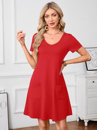 Image of Heymoments Summer Dresses for Women Short Sleeve V Neck Swing Sundress Casual A-Line Flowy Dress with Pockets S-2XL
