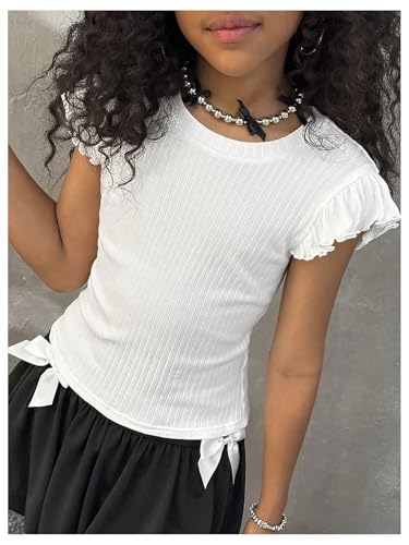 Girl's Ruffle Cap Sleeve T Shirts Crew Neck Ribbed Knit Summer Casual Tee Tops3