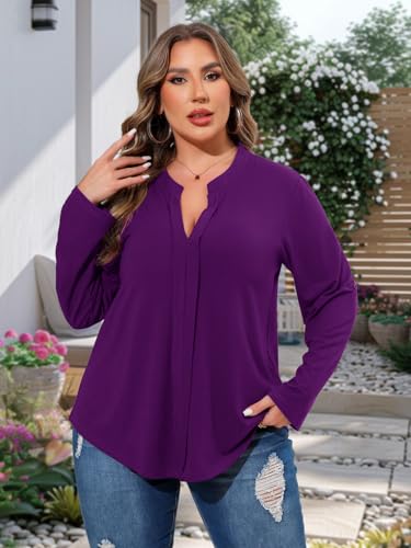 Beauhuty Womens Plus Size Tops Split V Neck Tunic Pleated Shirts Casual Trendy Flowy Dressy Blouses Roll up Sleeves3
