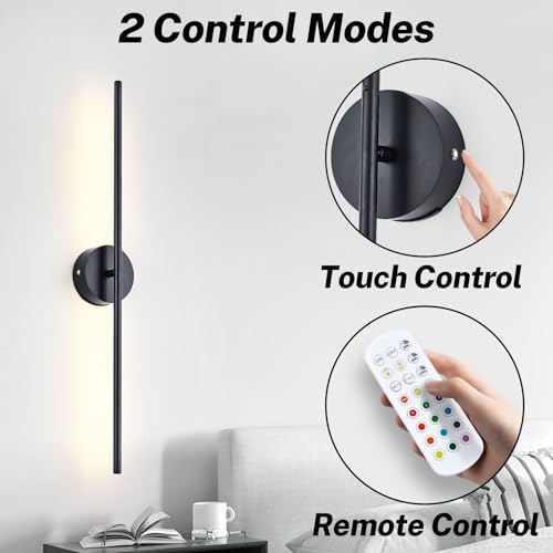 Image of 8000mah Detachable Battery Operated Wall Sconces Set of two, 40 Inch Rechargeable Wall Sconce With Remote & Touch, RGB 15 Colors Dimmable Wireless lamp for Bedroom, Living Room, Hallway Decor, Black
