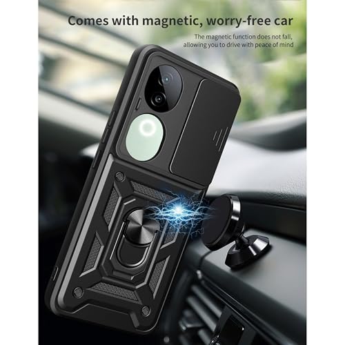 Image of SPAZY CASE vivo V50 5G Back Cover | Heavy Duty Hybrid Case with 360 Degree Rotating Finger Ring Holder + Slider Shutter Camera Protection Case for vivo V50 5G - Black