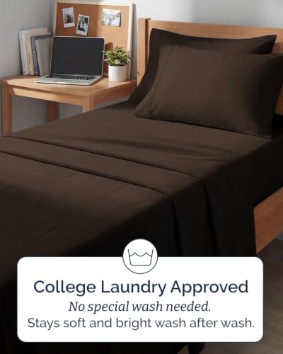 Image of Twin XL 4 Piece Sheet Set - College Dorm Room Essentials - Chocolate Brown