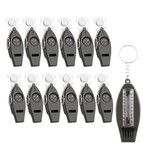 Excefore 12 Pcs 4 in 1 Whistle Compass Magnifier Thermometer Keychain Multifunctional Emergency Survival Whistle for Hiking Backpacking Travel Outdoor...