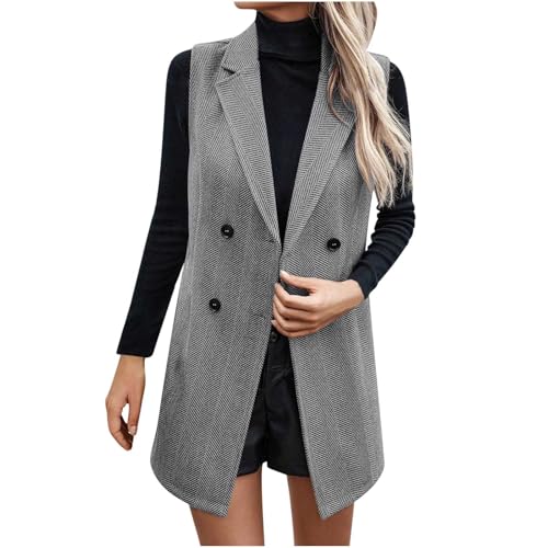 Chic Gray Sleeveless Tweed Blazer for Women - Perfect Office or Casual Layer, Large Size