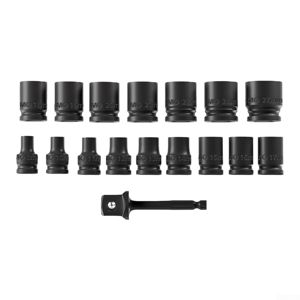 Jeu de Douilles pour impact 1/2" 17pcs Acier Alliage 8-27mm Jeu