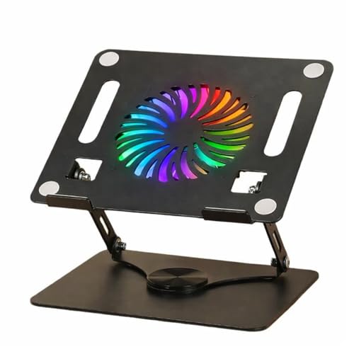 Image of EYUVAA LABEL Metal Laptop Stand with Cooling Fan & RGB Light | 360 Rotation with Adjustable Height, Compatible with 10-17 inch Laptops Stand for Gaming, Table, Office (Black)